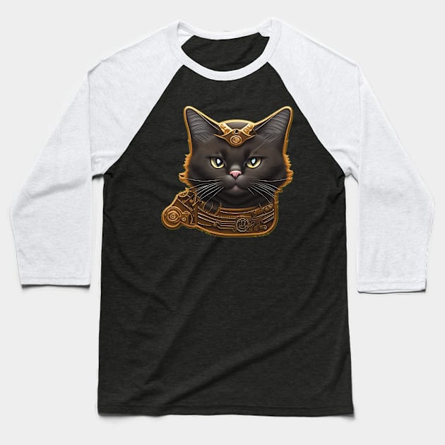 Steampunk Cat with Mechanical Collar Baseball T-Shirt by ImaginativeInkPOD